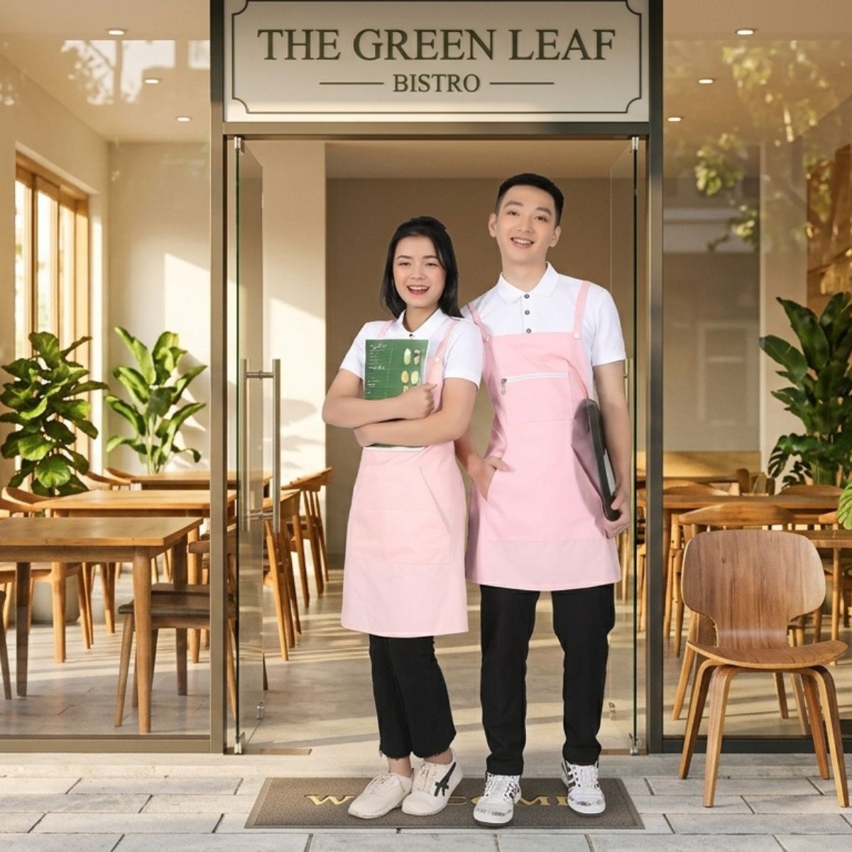 Áo tay ngắn kết hợp tạp dề dáng dài mang lại sự gọn gàng và thuận tiện khi làm việc