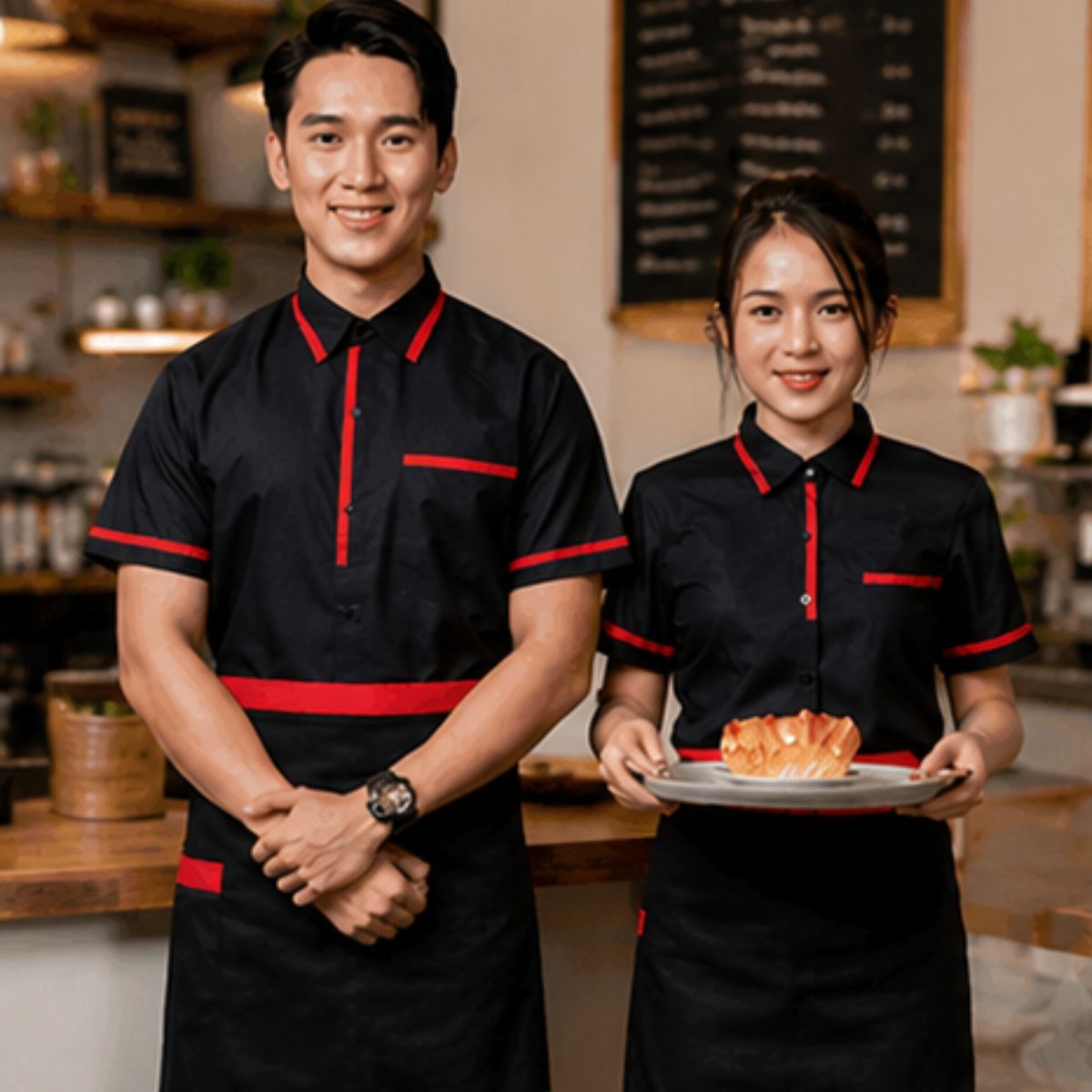 Đồng phục nhà hàng Hàn Quốc áo sơ mi + tạp dề sở hữu kiểu dáng gọn gàng, phù hợp với môi trường dịch vụ chuyên nghiệp