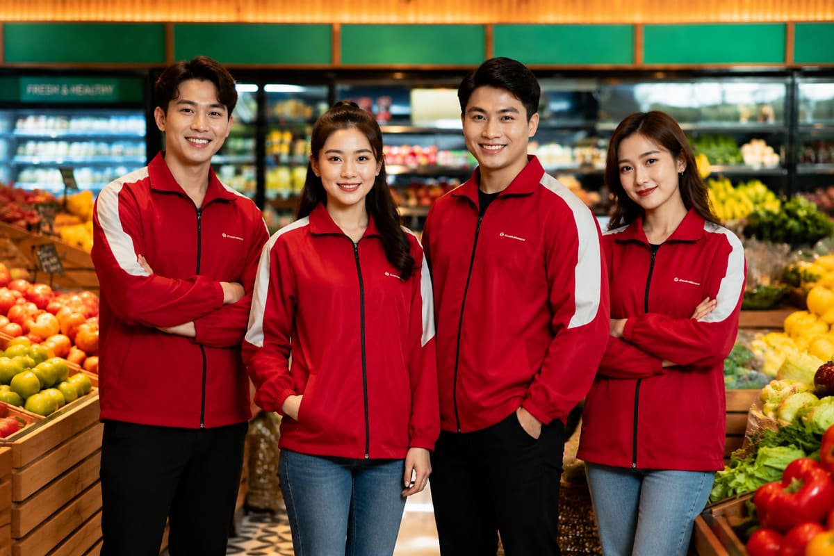 Mẫu áo gió đồng phục nổi bật với gam màu đỏ chủ đạo