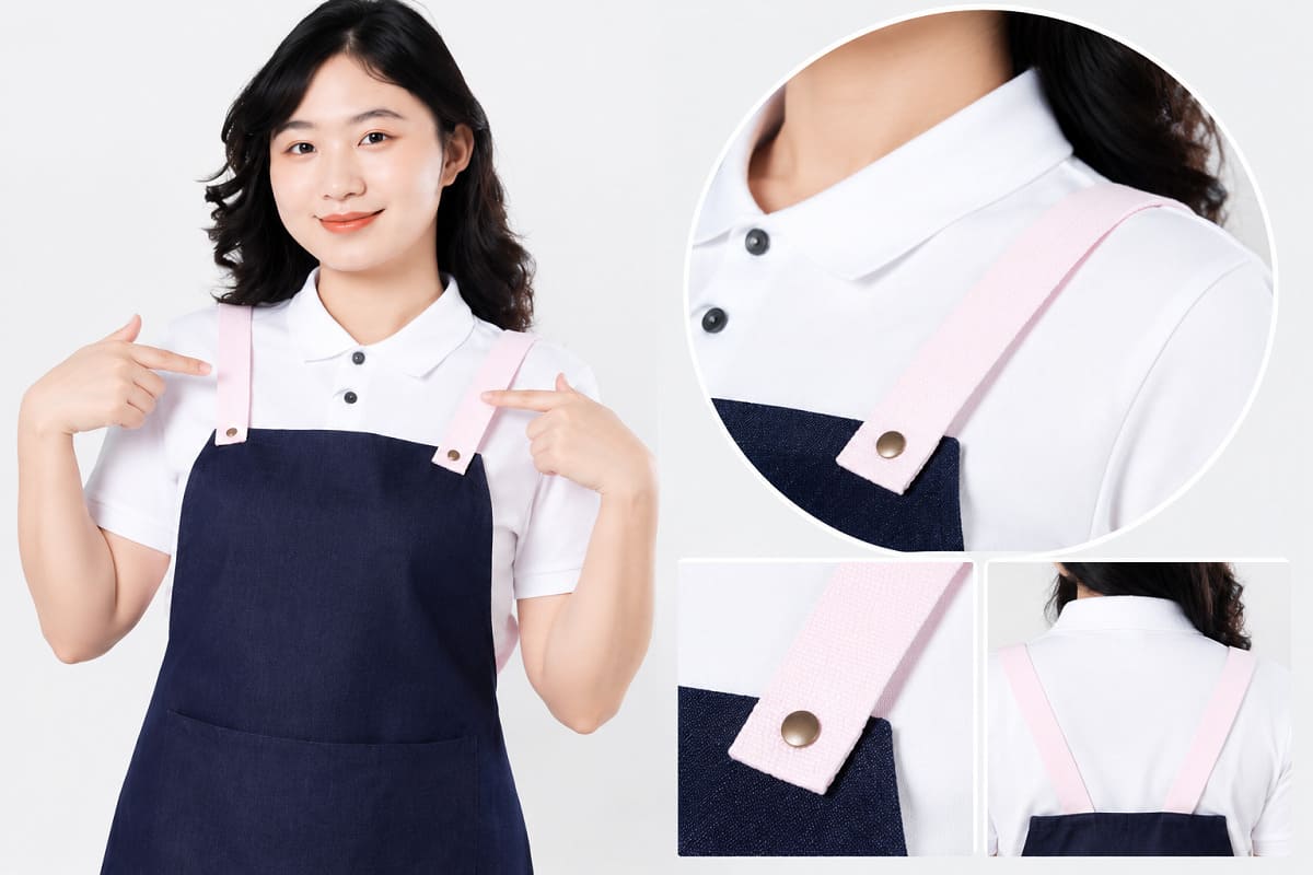 Phần quai tạp dề được thiết kế dạng dây màu trắng nổi bật