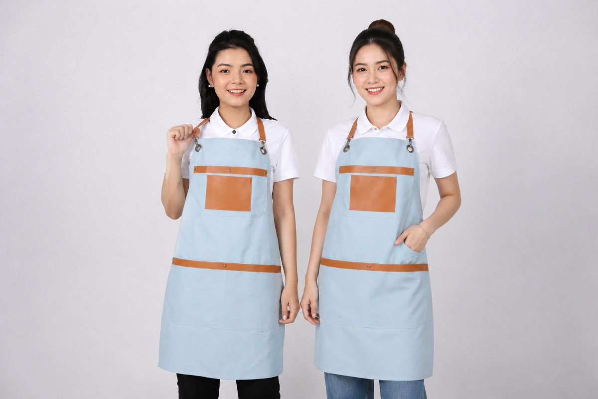 Tạp dề mẫu 05 ấn tượng với sự kết hợp hài hòa giữa gam màu xanh nhạt chủ đạo