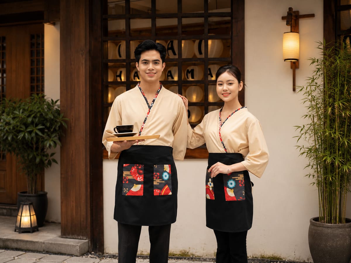 Đồng phục áo cổ chéo kết hợp với tạp dề được sử dụng phổ biến ở nhà hàng Nhật Bản