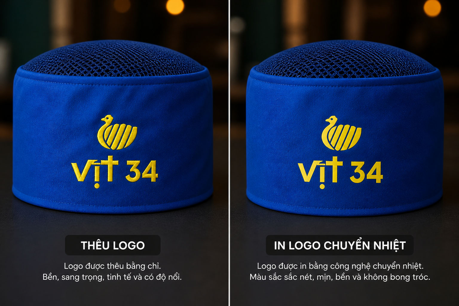 So sánh công nghệ in và thêu logo nón đầu bếp