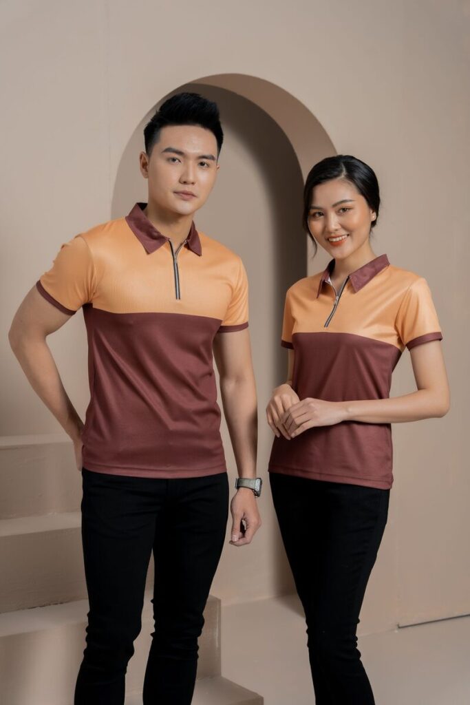 Đồng phục cửa hàng điện tử điện lạnh màu nâu phối cam