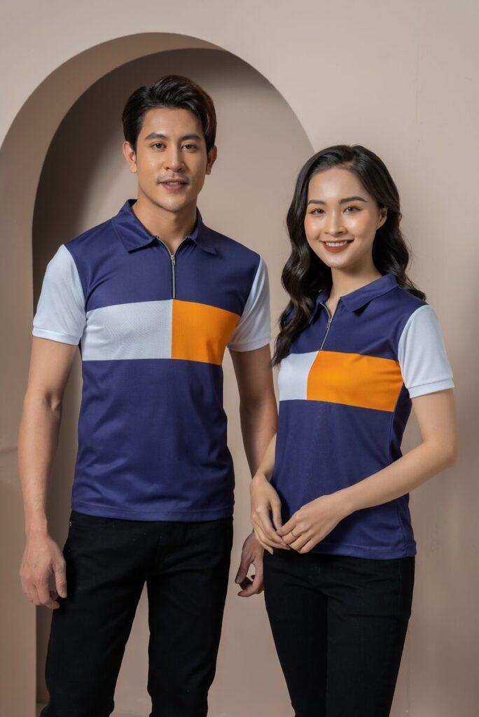Đồng phục cửa hàng điện tử điện lạnh màu xanh phối cam trắng