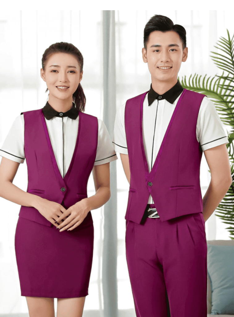 đồng phục nhà hàng Âu áo trắng cộc tay gile tím