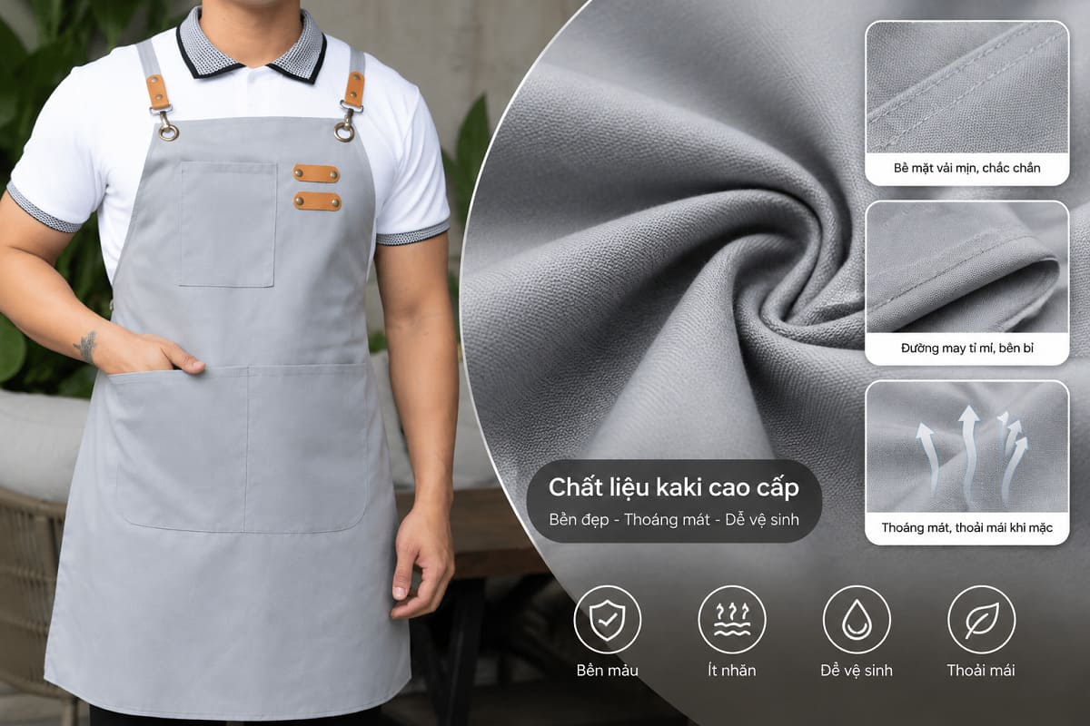 Mẫu tạp dề được may từ chất liệu kaki đứng form giúp sản phẩm giữ được dáng đẹp