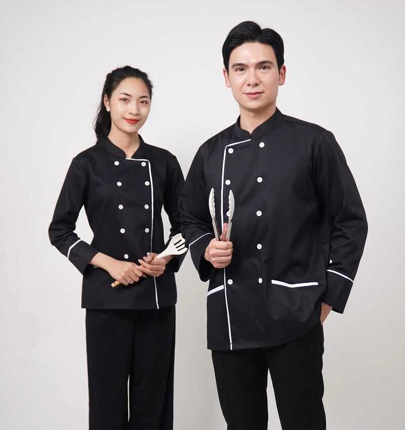 Đồng phục bếp trưởng màu đen phối viền trắng dài tay thiết kế đẹp