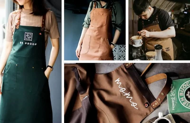 Tạp dề thường may với chất liệu vải polyester mềm, nhẹ, thoáng khí
