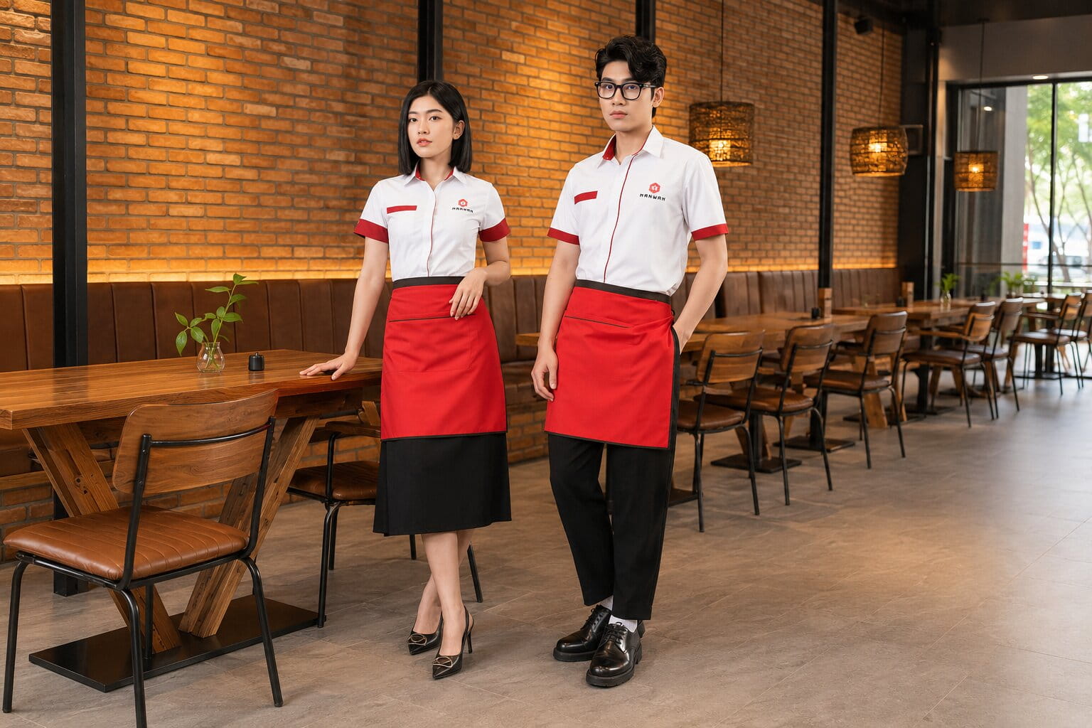Đồng phục tạp dề đỏ phối sơ mi trắng cho nhân viên nhà hàng