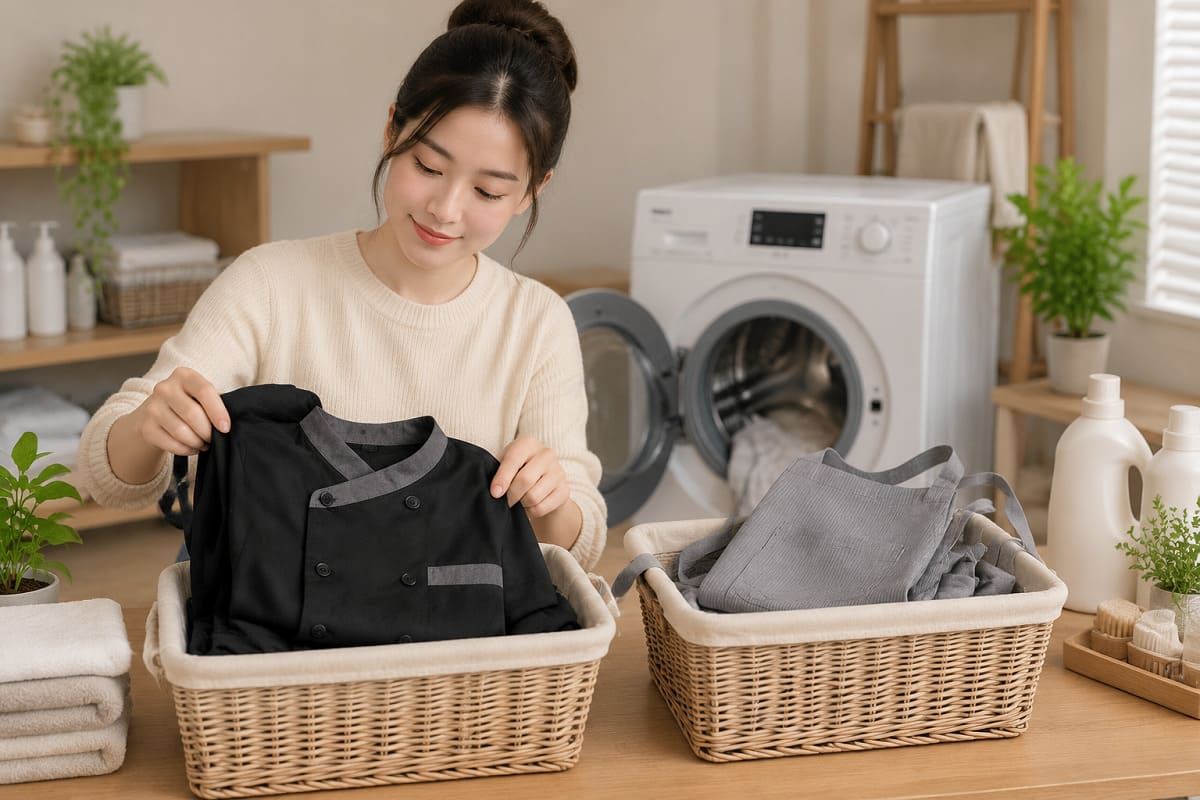 Nên tách riêng áo sơ mi đen và tạp dề xám khi giặt