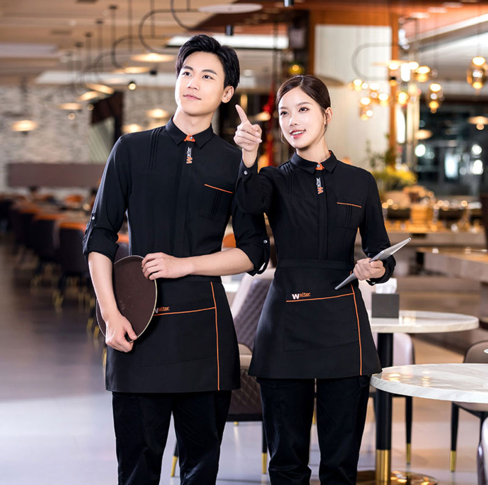 Áo sơ mi đồng phục nhà hàng màu đen phối sọc cam