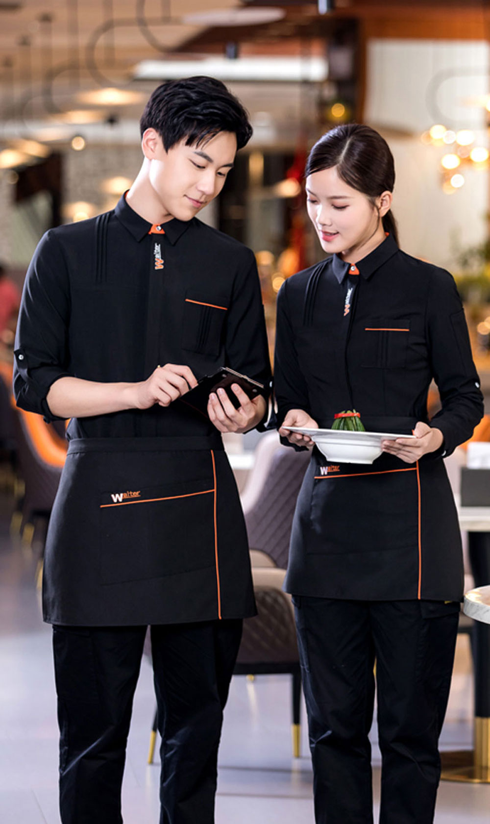 Áo sơ mi đồng phục nhà hàng màu đen phối sọc cam