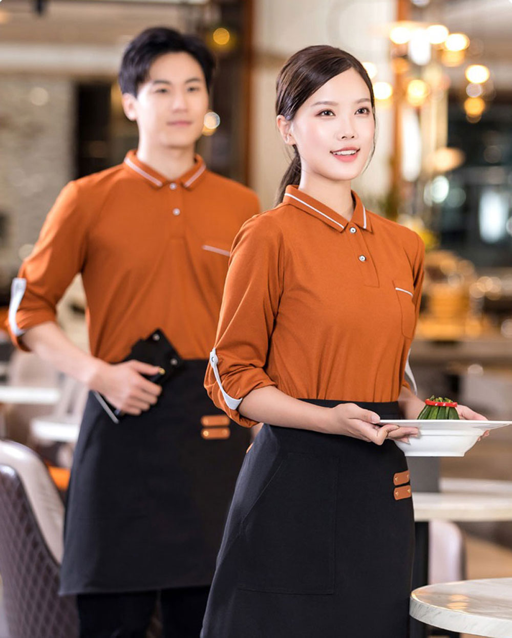 ao-dong-phuc-nha-hang-mau-nau-cam Đồng phục nhà hàng màu nâu cam cổ viền trắng