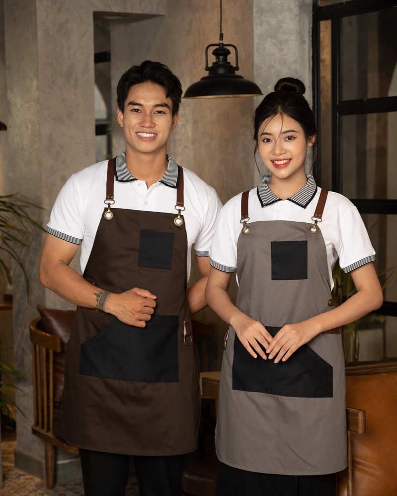 Màu sắc tạp dề đồng phục dáng yếm ghi đen dây đeo da