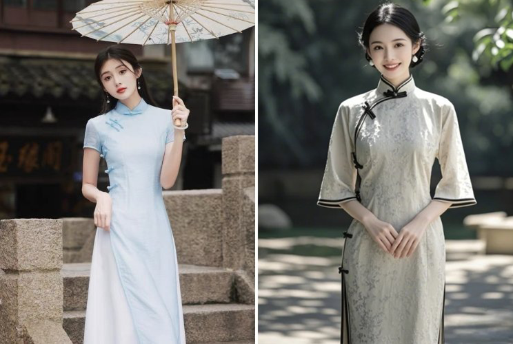 Mẫu đồng phục sườn sám nhà hàng Trung Quốc vải Kate silk