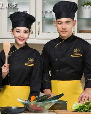 áo bếp đen mũ đen tạp dề vàng