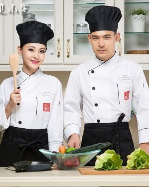 Áo bếp trắng mũ đen tạp dề đen