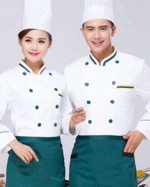 Áo bếp trắng mũ trắng tạp dề xanh dương