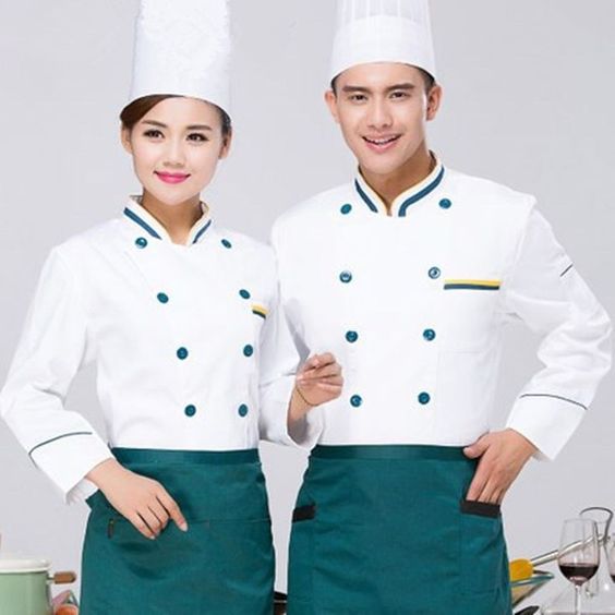 Áo bếp trắng mũ trắng tạp dề xanh dương