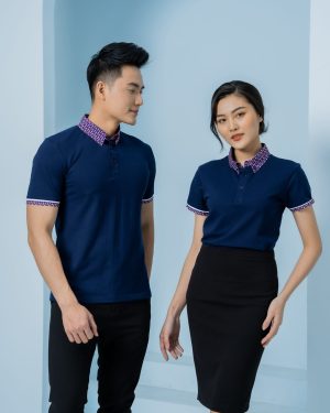 Áo thun đồng phục xanh tím than phối cổ họa tiết