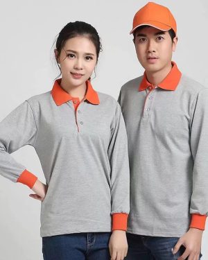 Combo áo thun mũ dài tay màu xám phối màu cam ở cổ và tay áo