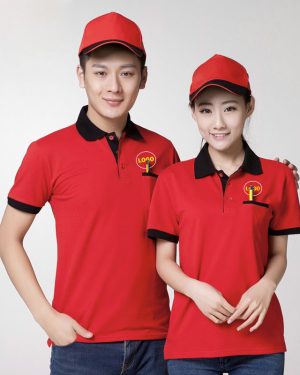 Combo áo thun đồng phục màu đỏ cổ polo kết hợp mũ lưỡi trai đỏ