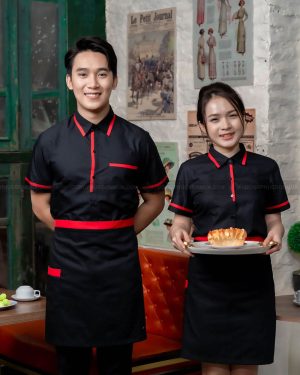 Đồng phục nhân viên nhà hàng màu đen phối viền đỏ