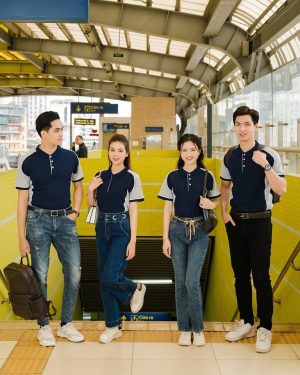 Đồng phục công ty màu xanh tím than phối tay xám