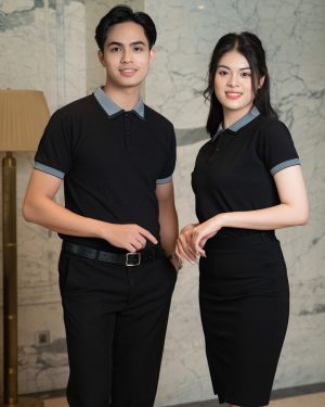 Đồng phục công ty màu đen phối cổ áo và tay áo viền đen trắng