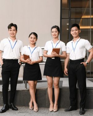 đồng phục công ty màu trắng cổ chữ V