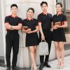 đồng phục công ty màu đen phối cổ áo và tay áo đỏ đen