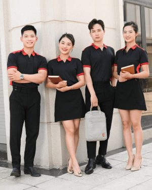 đồng phục công ty màu đen phối cổ áo và tay áo đỏ đen
