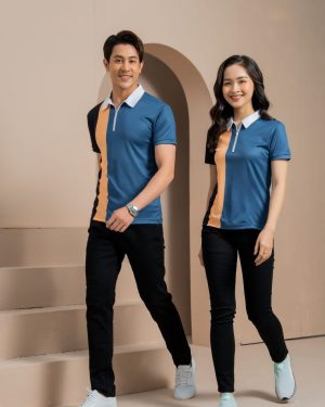 Đồng phục công ty màu xanh phối vàng đen và cổ trắng