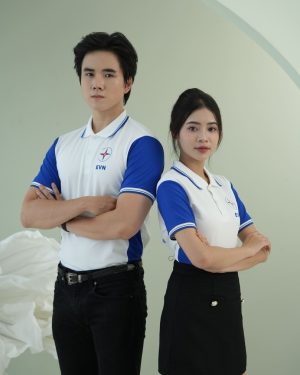 Áo đồng phục công ty màu xanh phối trắng EVN