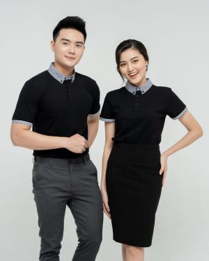 Đồng phục cửa hàng điện tử điện lạnh màu đen phối cổ caro