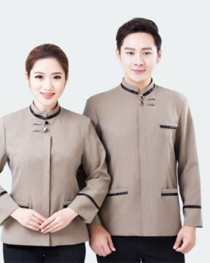 Đồng phục lễ tân spa màu nâu be