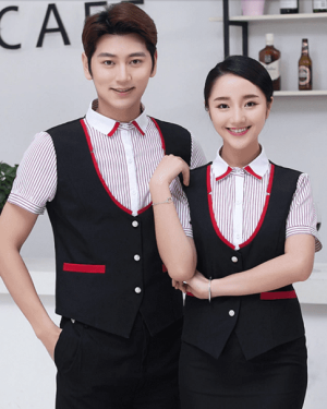 Đồng phục nhà hàng Âu áo kẻ đỏ phối gile đen viền đỏ