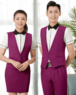 Đồng phục nhà hàng Âu áo trắng cộc tay gile tím
