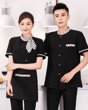 đồng phục nhà hàng Âu màu đen cộc tay viền kẻ
