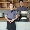 Đồng phục nhà hàng Hàn Quốc áo xám tạp dề đen