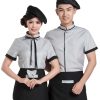 Đồng phục nhà hàng Hàn Quốc áo xám viền đen