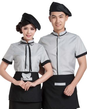Đồng phục nhà hàng Hàn Quốc áo xám viền đen