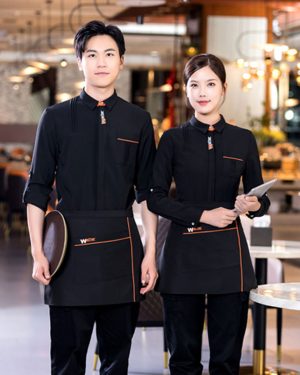 Áo sơ mi đồng phục nhà hàng màu đen phối sọc cam