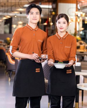 Đồng phục nhà hàng màu nâu cam cổ viền trắng