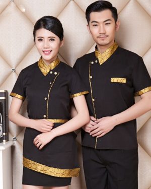 Đồng phục nhà hàng Thái Lan áo cộc tay phối họa tiết vàng