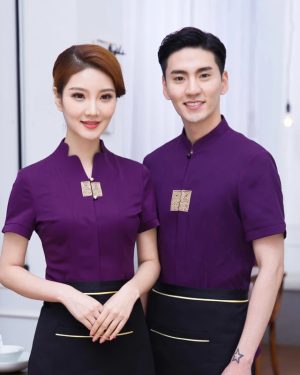 Đồng phục nhà hàng Thái Lan cộc tay màu tím phối quần đen