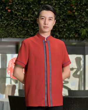 52-Đồng phục nhà hàng Việt Nam màu đỏ phối họa tiết sọc