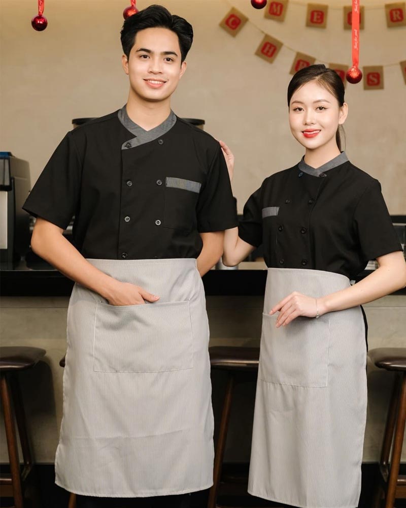 Đồng phục tạp dề vải trơn màu xám kết hợp áo sơ mi đen
