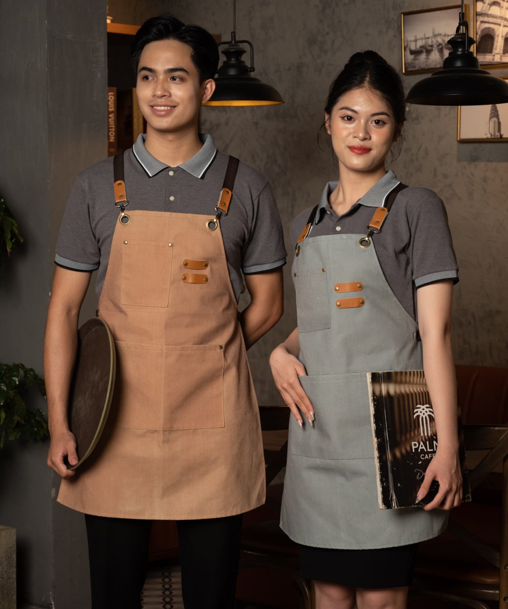 Mẫu đồng phục tạp dề cà phê màu xám và be